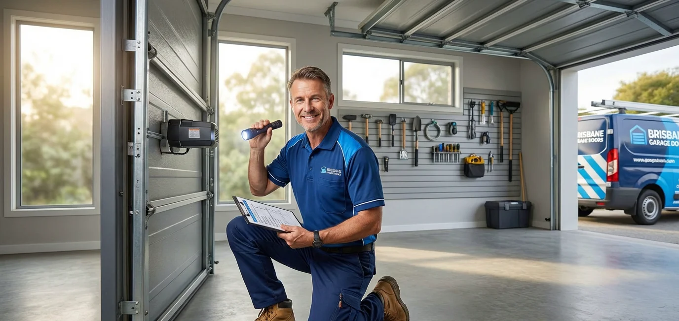Licensed Brisbane garage door technician inspecting residential door